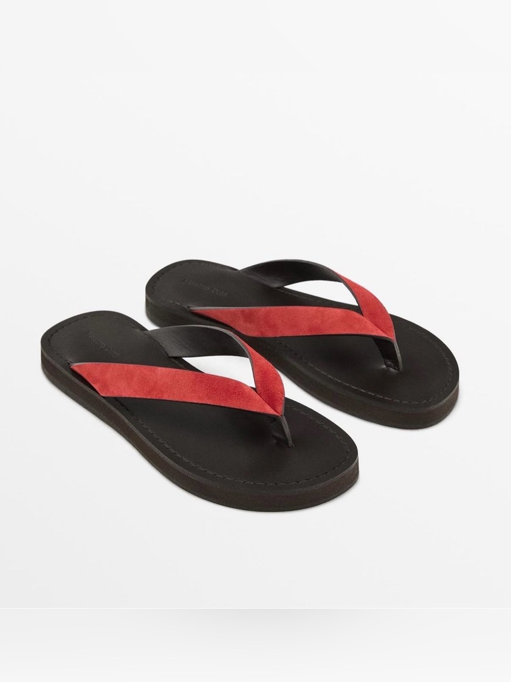 Massimo Dutti Suede Leather Split Flat Sandals Red
